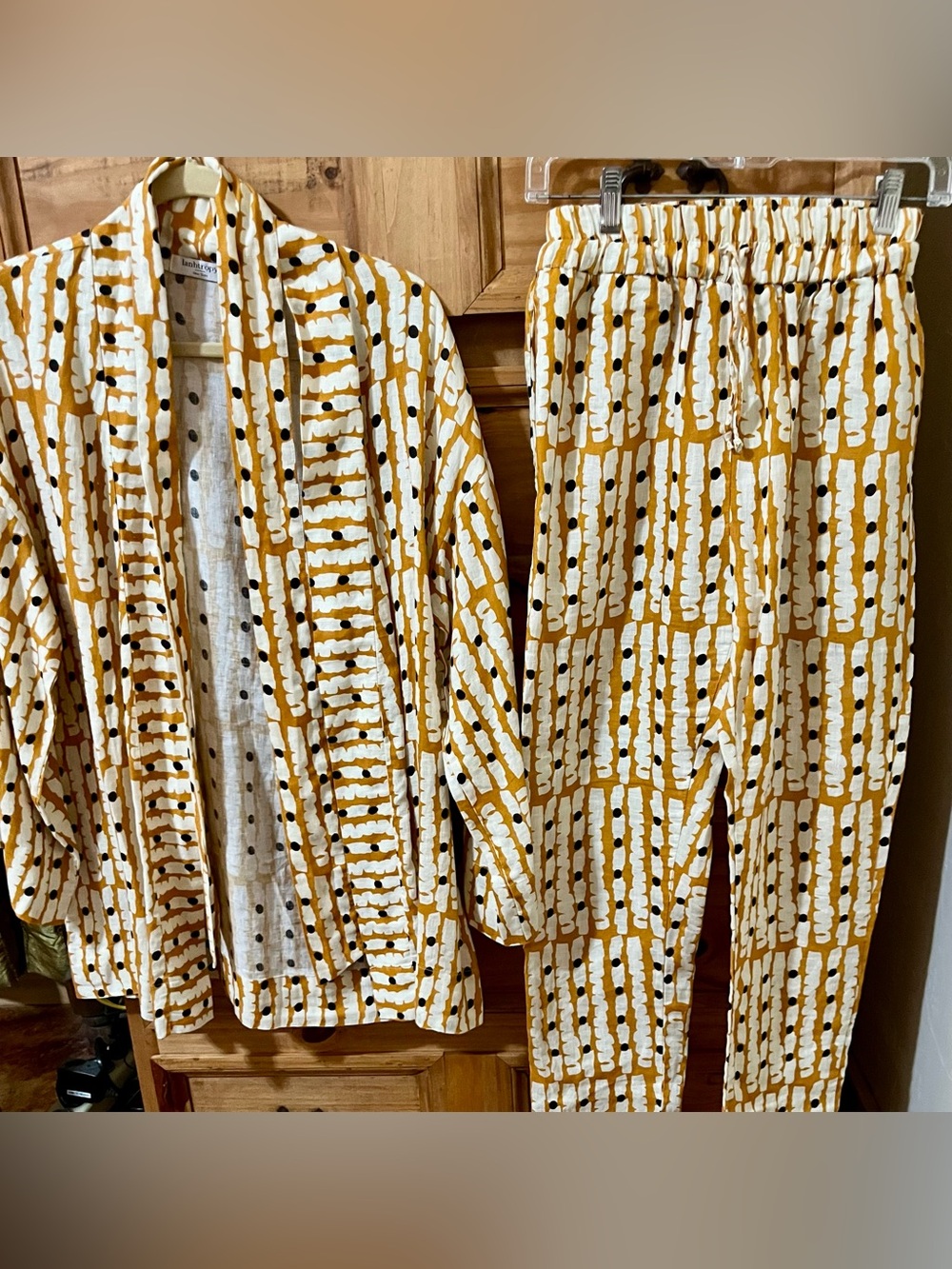 Lanhtropy Two-Piece Mustard Dot Stripe Kimono & Belt & Pants Versatile Linen